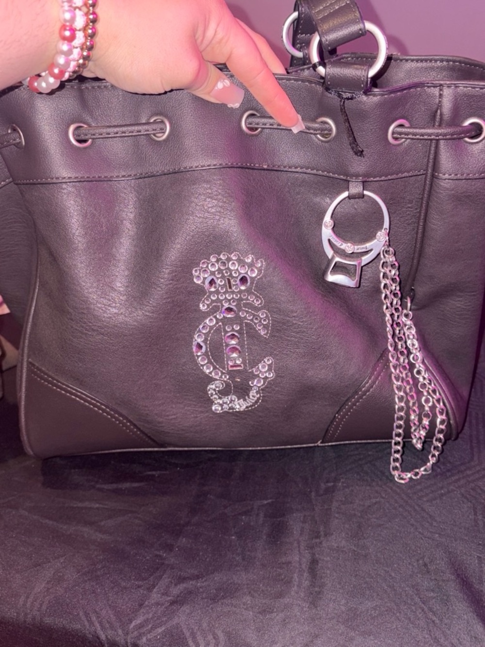 Juicy couture Crystal-Embellished Black Leather Tote Bag